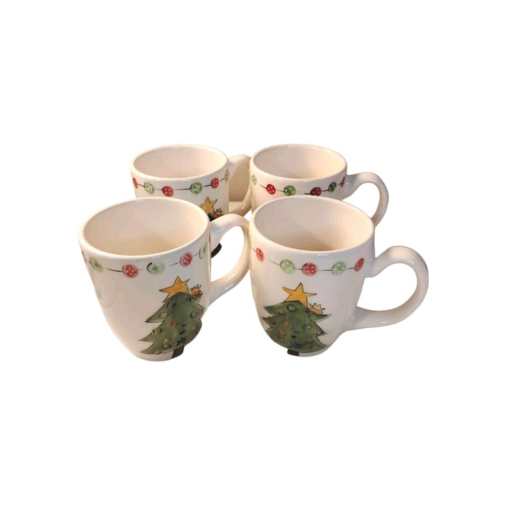 Tabletops Gallery Ceramic Hand Painted Button Christmas Tree Coffee Mugs Set 4‎